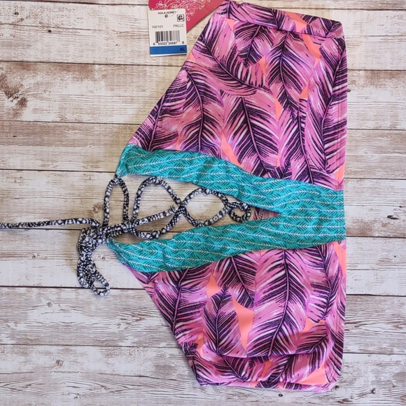 Hula Honey Leaf Breeze Lace Up High Neck Bikini Swim Top in Pink Multi XL - Picture 5 of 10